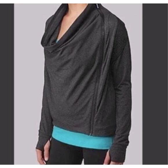 Lululemon Asymmetrical Zip Up Jacket Size 8 Dark Gray Cowl Neck Pockets Stretch - Picture 1 of 14